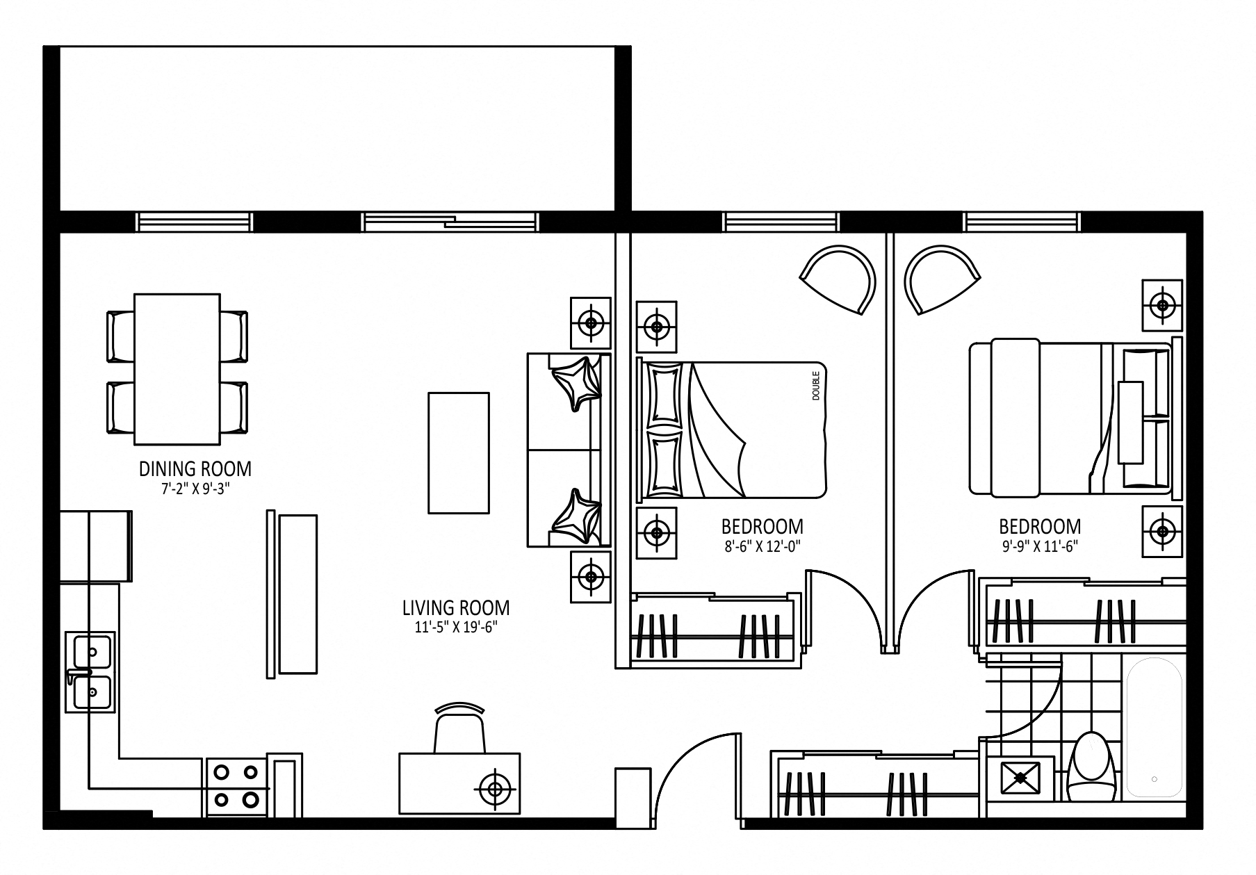 Floor plan for 2 beds, 1 bath, 805 sqft